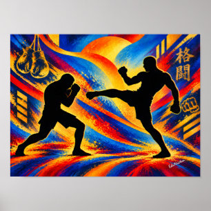 MMA Fighters Kicking and Defending Silhouette Poster