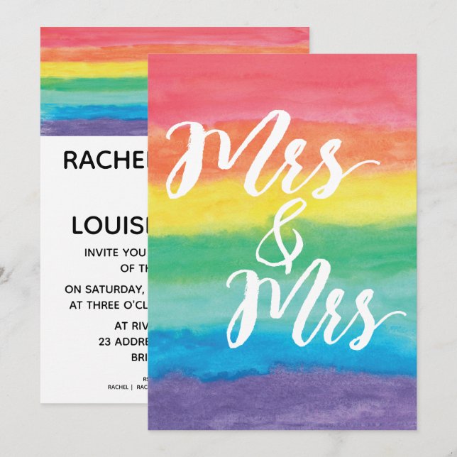 Mme et Mme Rainbow Lesbian Faire-part de mariage (Devant / Derrière)