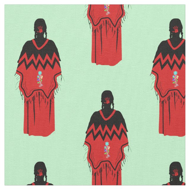 MMIW Kwe Red Hand Pattern Light Green Fabric (Close Up)