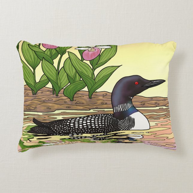 MN State Bird Flower Loon Lady Slipper Accent Pillow (Front)