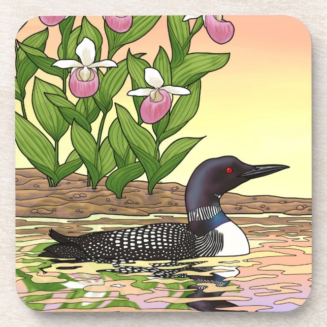 MN State Bird Flower Loon Lady Slipper Coaster (Front)