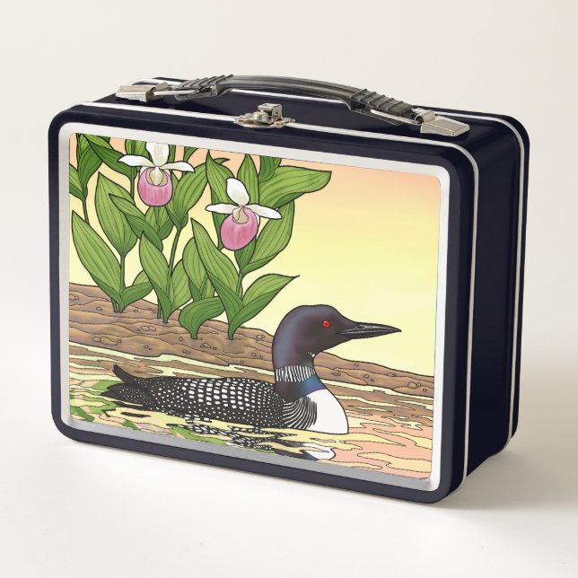 MN State Bird Flower Loon Lady Slipper Metal Lunch Box (Front)