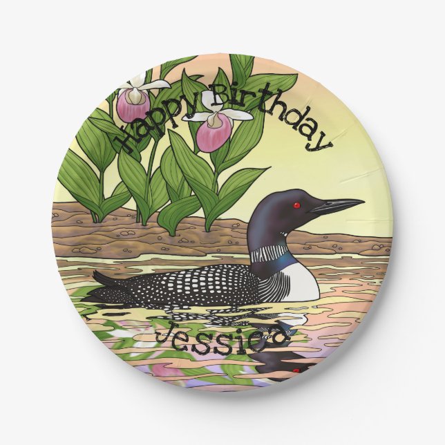 MN State Bird Flower Loon Lady Slipper Paper Plate (Front)