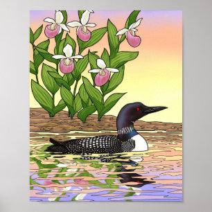 MN State Bird Flower Loon Lady Slipper Poster