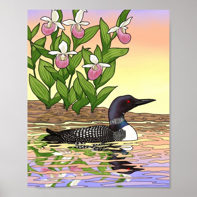 MN State Bird Flower Loon Lady Slipper Poster (Front)