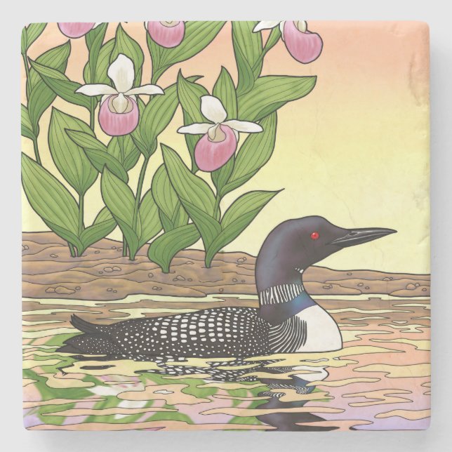 MN State Bird Flower Loon Lady Slipper Stone Coaster (Front)