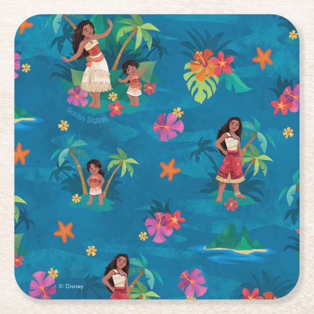 Moana and Simea Ocean Sisters Pattern Square Paper Coaster (Front)