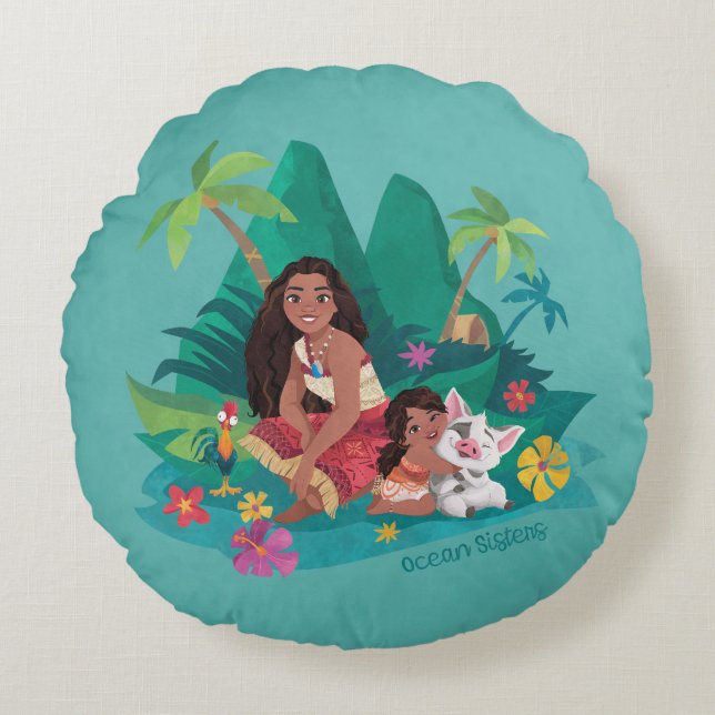 Moana and Simea Ocean Sisters Round Pillow (Front)