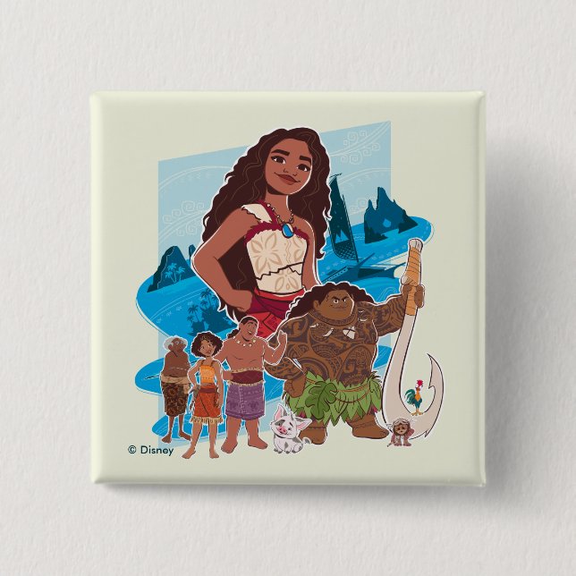 Moana & Crew Sail Beyond the Horizon 2 Inch Square Button (Front)