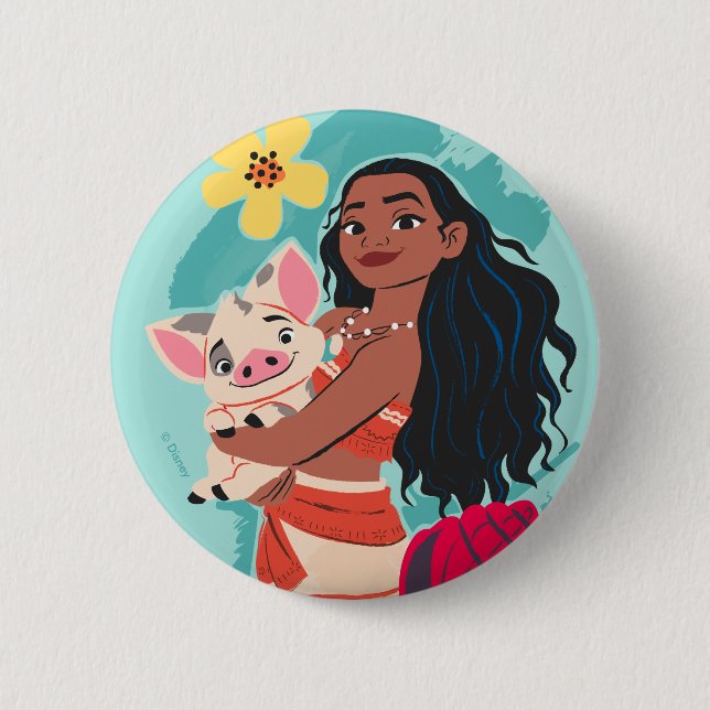 Moana Holding Pua Illustrated Graphic 2 Inch Round Button (Front)