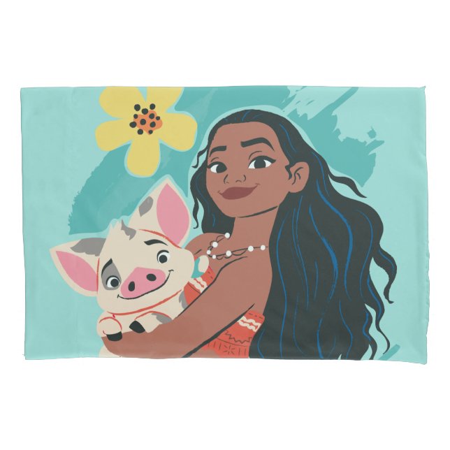 Moana Holding Pua Illustrated Graphic Pillowcase (Front)