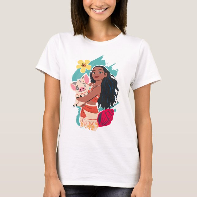 Moana Holding Pua Illustrated Graphic T-Shirt (Front)