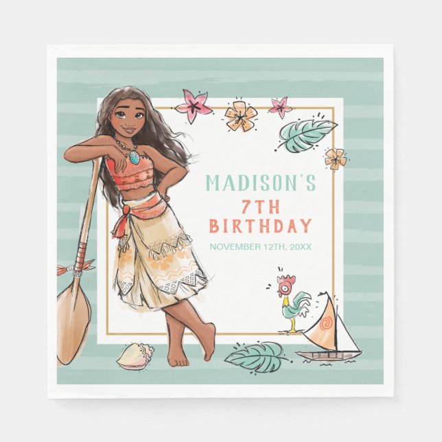 Moana | Striped Watercolor Birthday Napkin (Front)