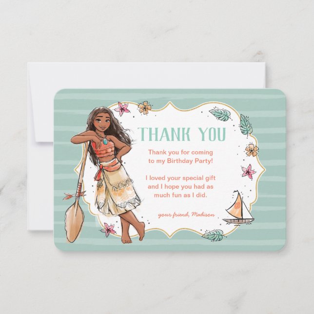 Moana | Striped Watercolor Birthday Thank You Invitation (Front)