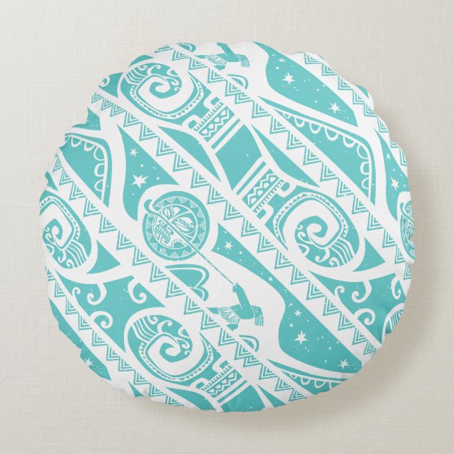 Moana | Teal Tribal Pattern Round Pillow (Front)