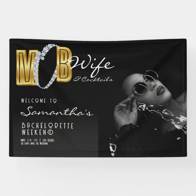 Mob Wife & Cocktails Black Bach Bachelorette Party Banner (Horizontal)