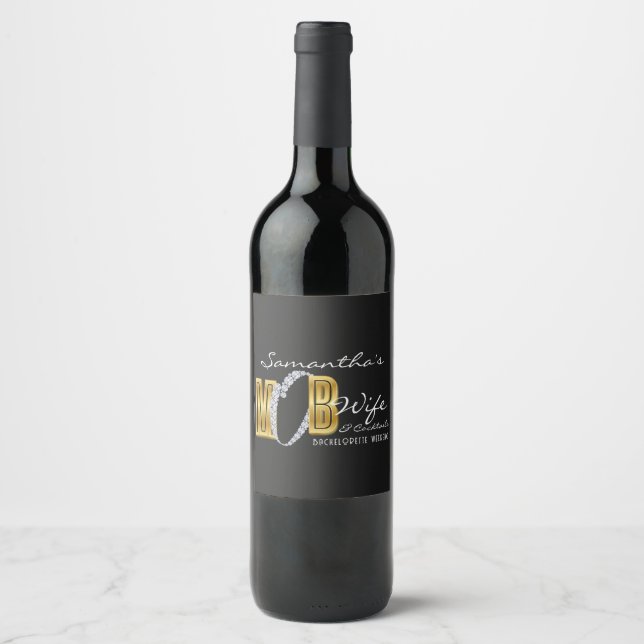Mob Wife & Cocktails Black Bach Bachelorette Party Wine Label (Front)