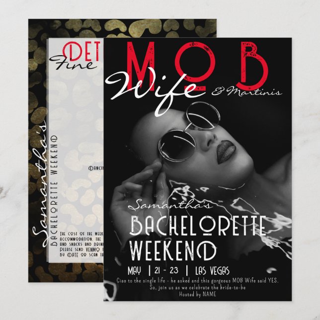 Mob Wife & Martinis Black Bach Bachelorette Party Invitation (Front/Back)
