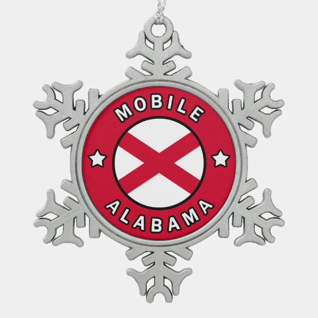 Mobile Alabama Snowflake Pewter Christmas Ornament (Front)
