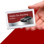 Mobile Auto Detailing Business Card Holder<br><div class="desc">Cool mobile auto detailing business card presentation case created with a printed silver metallic design element and cool car with shiny finish along with a simple layout with text you can customize with your own words.</div>