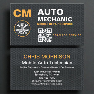 Mobile Auto Mechanic QR Code Monogram Business Card