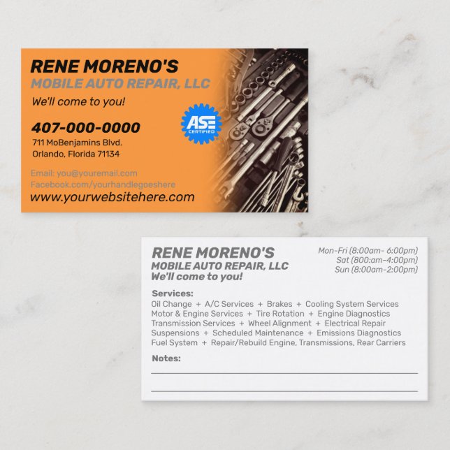 Mobile Automobile Car Repair Mechanic 2 Sided Busi Business Card (Front/Back)