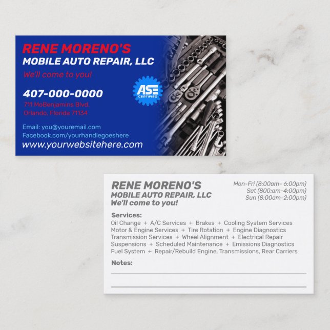 Mobile Automobile Car Repair Mechanic 2 Sided Busi Business Card (Front/Back)