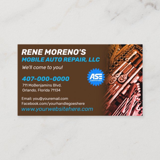Mobile Automobile Car Repair Mechanic 2 Sided Business Card (Front)