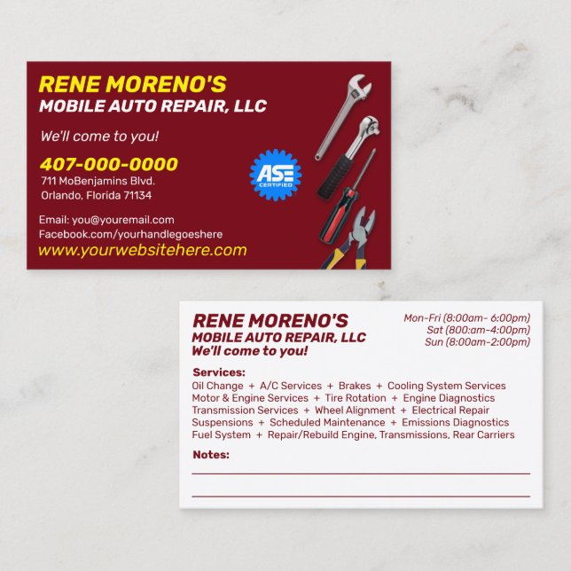 Mobile Automobile Car Repair Mechanic 2 Sided Business Card (Front/Back)