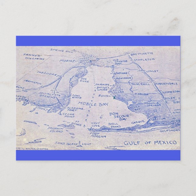 Mobile Bay Vintage Map Postcard (Front)