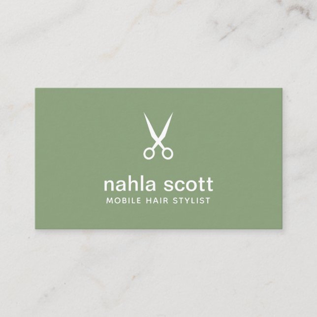 Mobile Hair Stylist Modern Sage Green Scissors Business Card (Front)