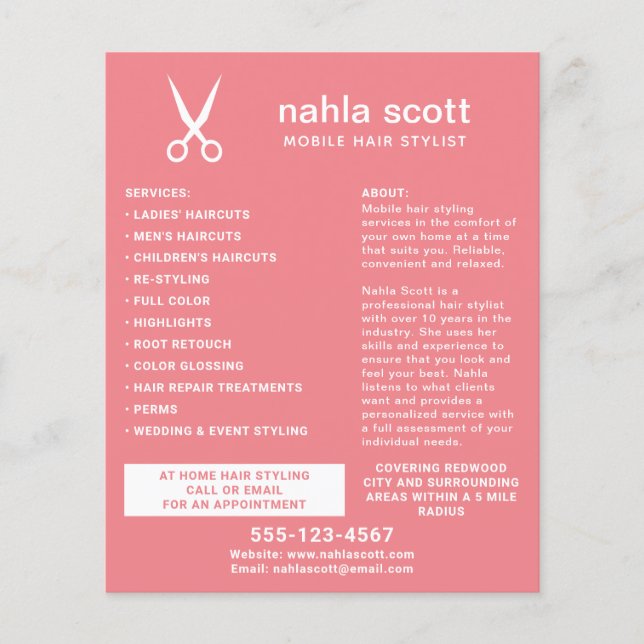 Mobile Hair Stylist Scissors Modern Coral Flyer (Front)