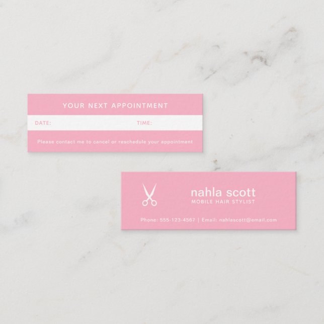 Mobile Hair Stylist Scissors Pink Appointment Mini Business Card (Front/Back)