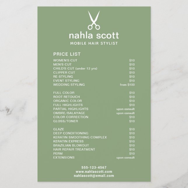Mobile Hair Stylist Scissors Price List Green Flyer (Front)