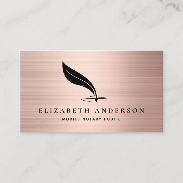 Mobile Notary Agent Quill Rose Gold Brushed Metal Business Card (Front)