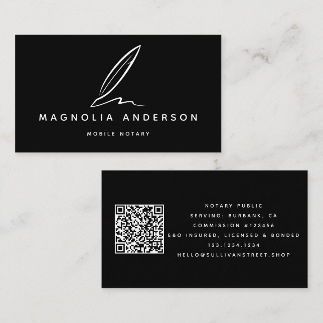 Mobile Notary Black Quill QR Code Business Card (Front/Back)