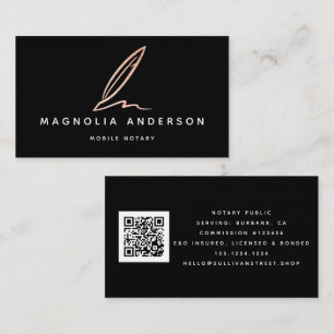 Mobile Notary Black Rose Gold Foil Quill QR Code Business Card