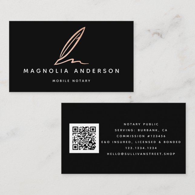 Mobile Notary Black Rose Gold Foil Quill QR Code Business Card (Front/Back)