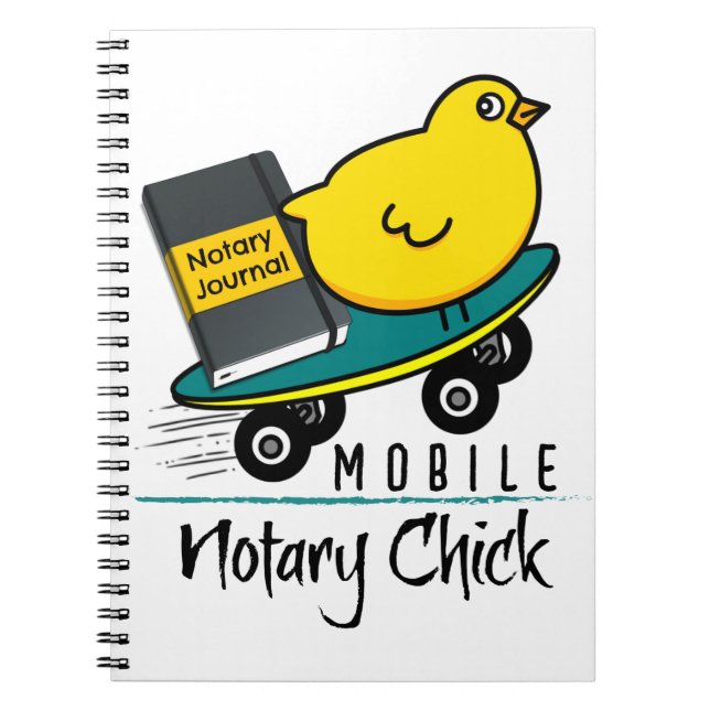 Mobile Notary Chick Riding Skateboard with Journal (Front)
