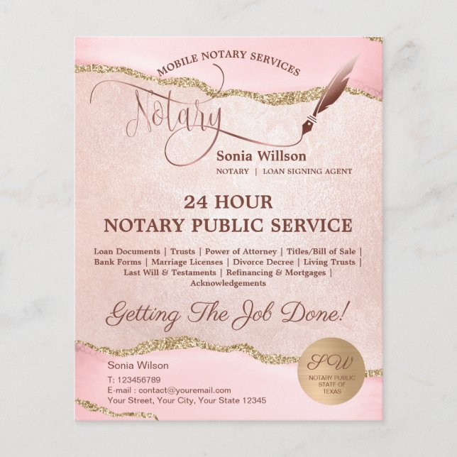 Mobile Notary & Loan Signing Agent Pink Agate Flye Flyer (Front)