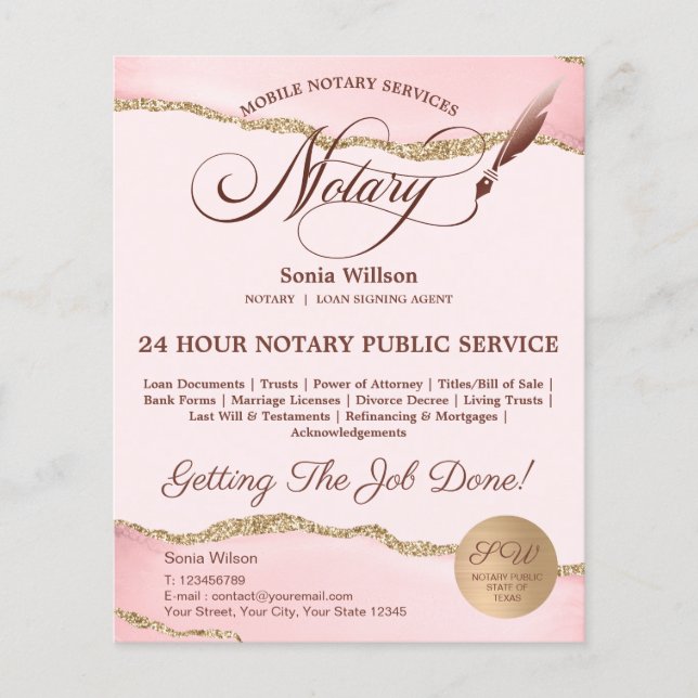 Mobile Notary & Loan Signing Agent Pink Agate Flye Flyer (Front)
