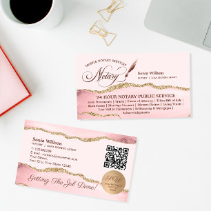 Mobile Notary Loan Signing Agent Pink QR Code Bus Business Card