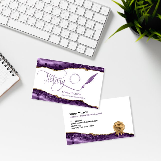 Mobile Notary & Loan Signing Agent Purple Agate Business Card (Creator Uploaded)