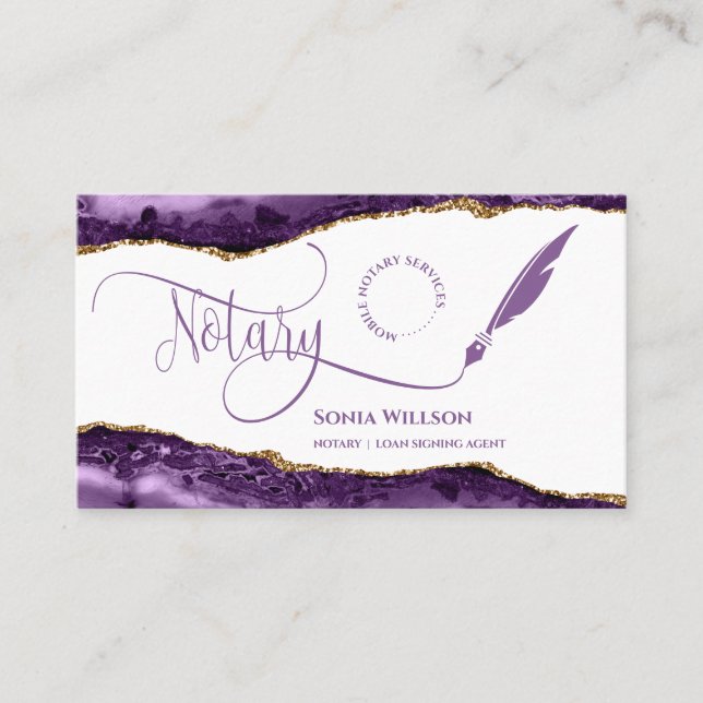 Mobile Notary & Loan Signing Agent Purple QR Code Business Card (Front)