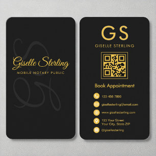 Mobile Notary Monogram Black Gold QR Code Business Card