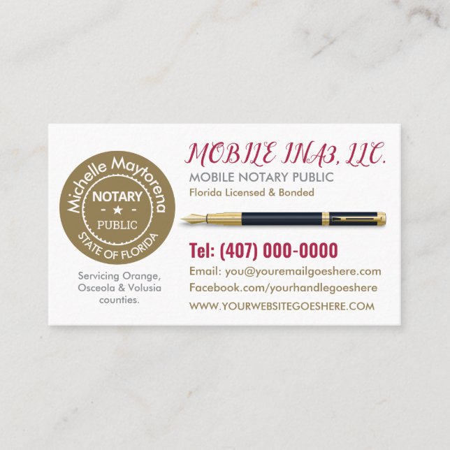 Mobile Notary Public Customizable Business Card (Front)