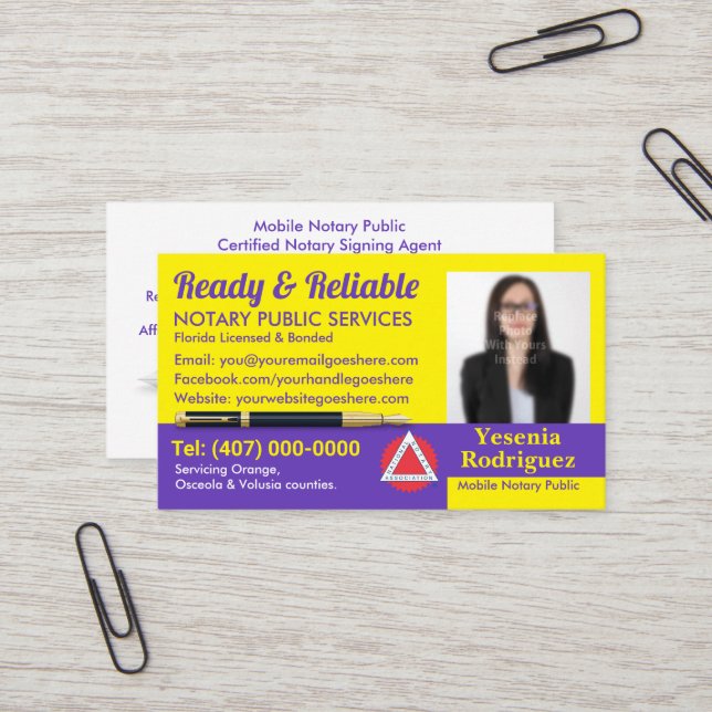 Mobile Notary Public Customizable Photo Business C Business Card (Front/Back In Situ)