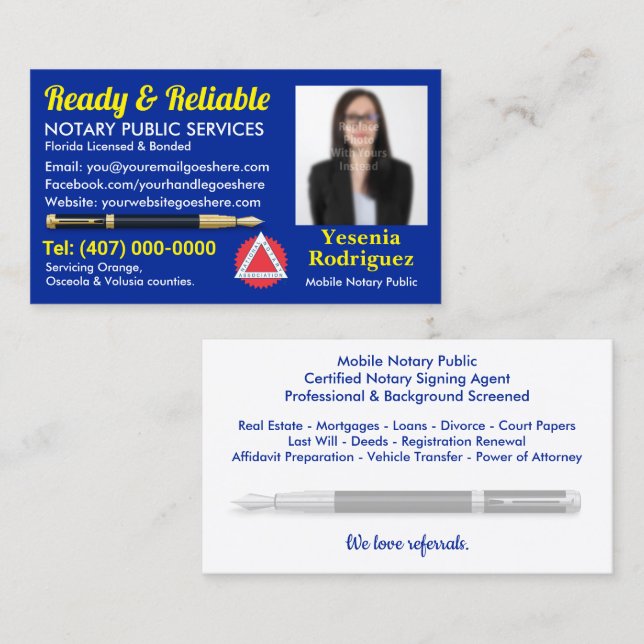 Mobile Notary Public Customizable Photo Business C Business Card (Front/Back)