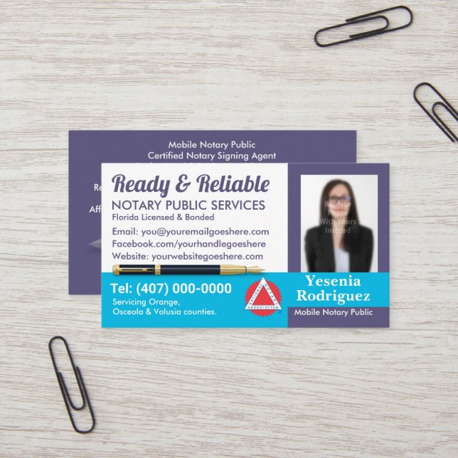 Mobile Notary Public Customizable Photo Business C Card (Front/Back In Situ)