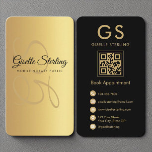 Mobile Notary Public Monogram Gold Black QR Code Business Card